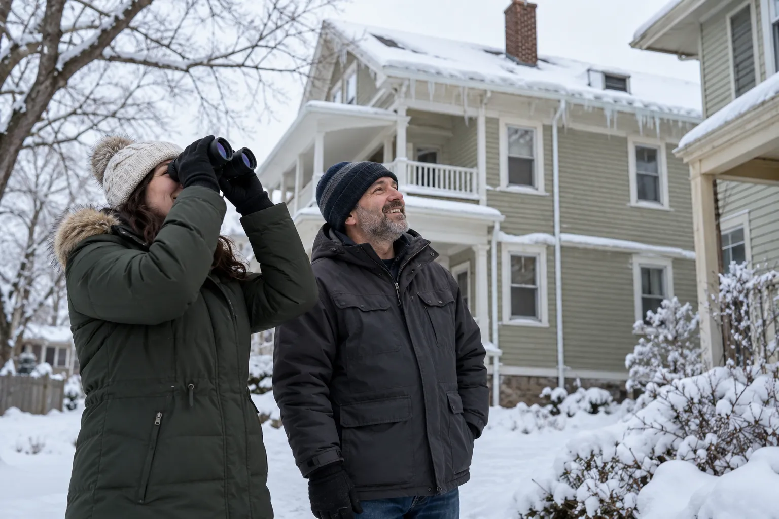 A homeowner checking the roof from the yard with binoculars